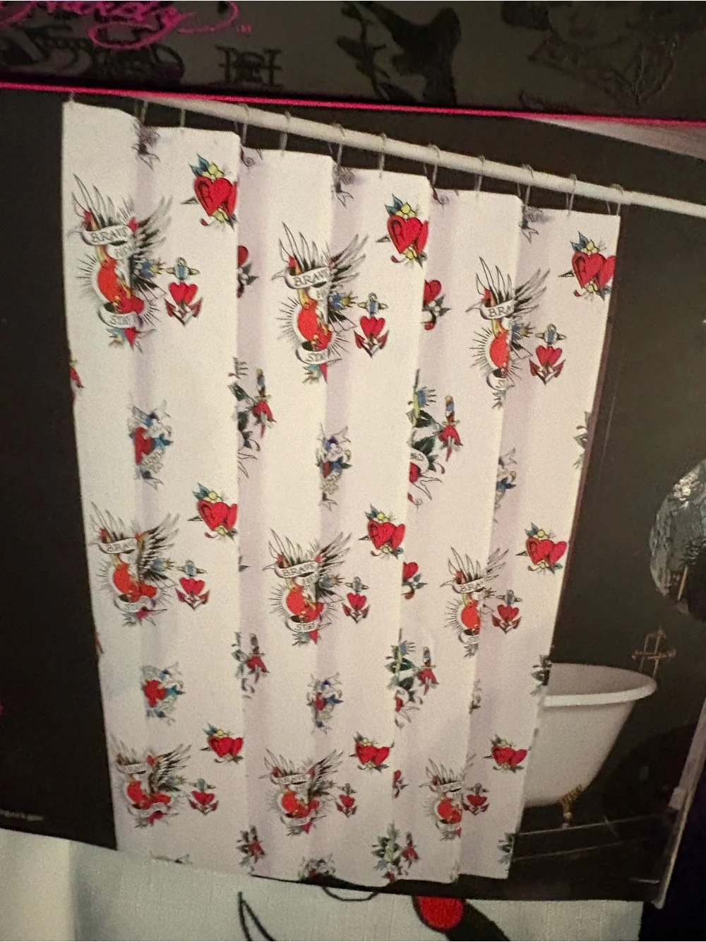 Ed Hardy White Shower Curtain with Multicolor Tattoo Floral Print